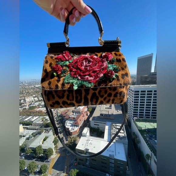 DOLCE & GABBANA Sicily Leopard Roses Pony-hair Bag  W Sequin Embroidery - Picture 5 of 15
